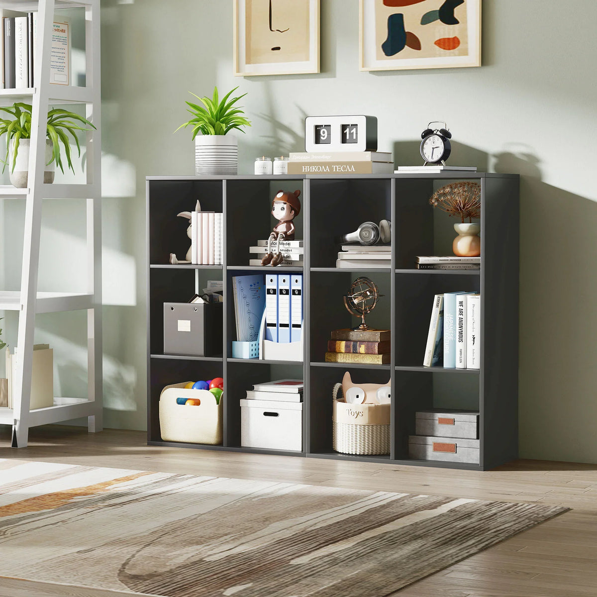 Black six-cube bookshelf with open compartments for office supplies and decor