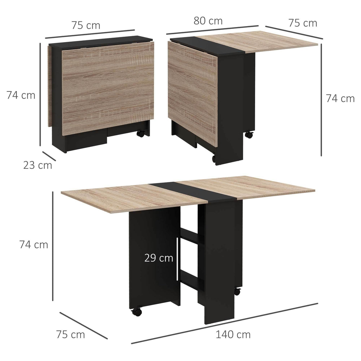 Drop-leaf dining table diagram with rolling base and overall dimensions