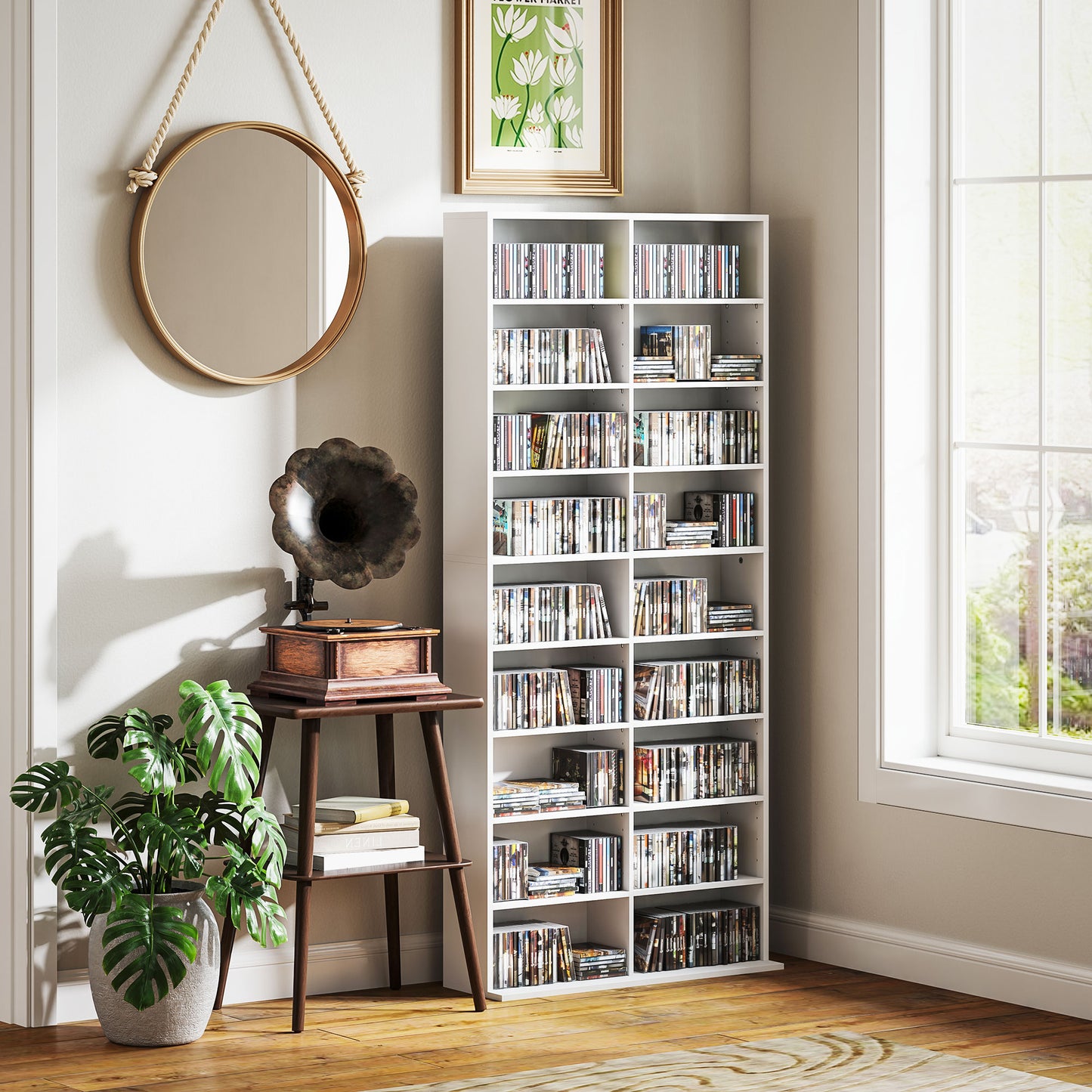 HOMCOM 640 CD Storage Tower White With 14 Adjustable Shelves And Anti Tip Design