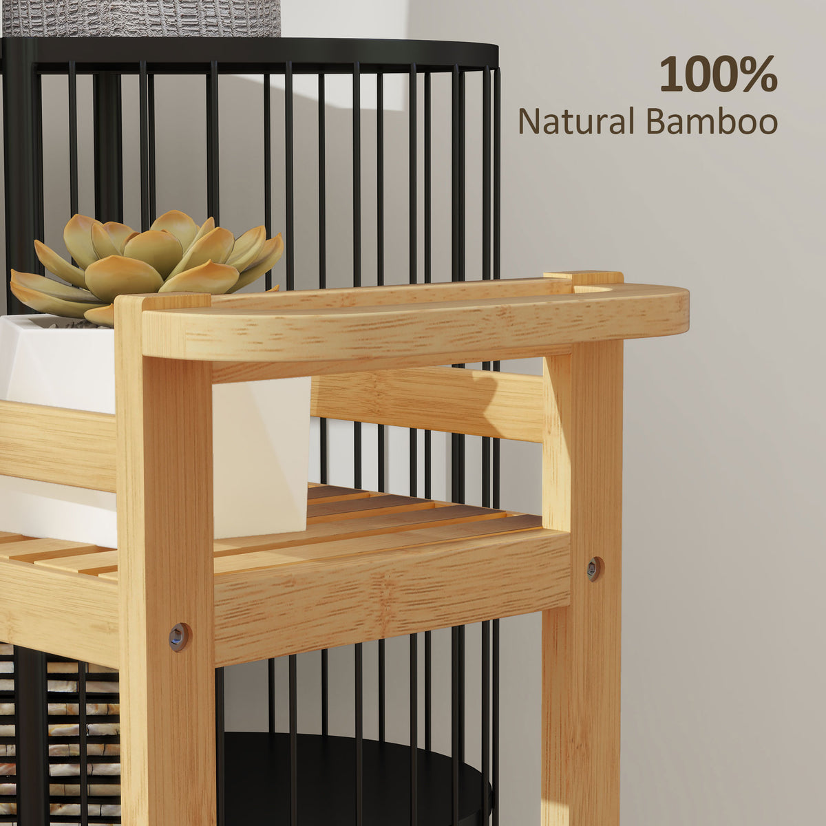 Bamboo 3-tier storage trolley with slatted shelves and black guard rails