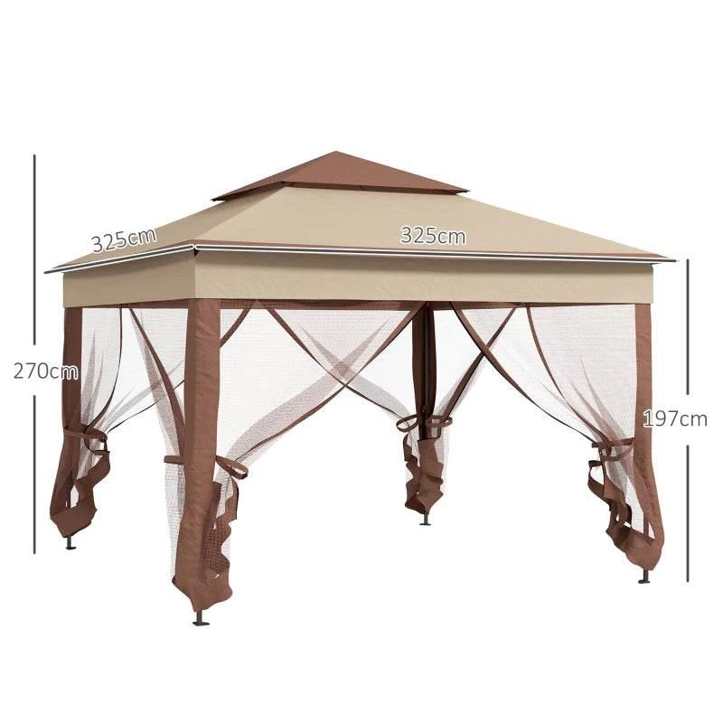 Double-roof pop-up gazebo with side netting; labeled dimensions for height and width.