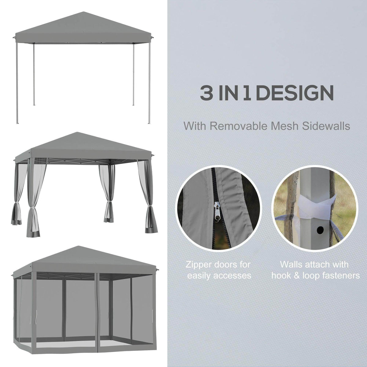 Grey pop-up gazebo with mesh sidewalls, zipper door panels, and fabric fasteners
