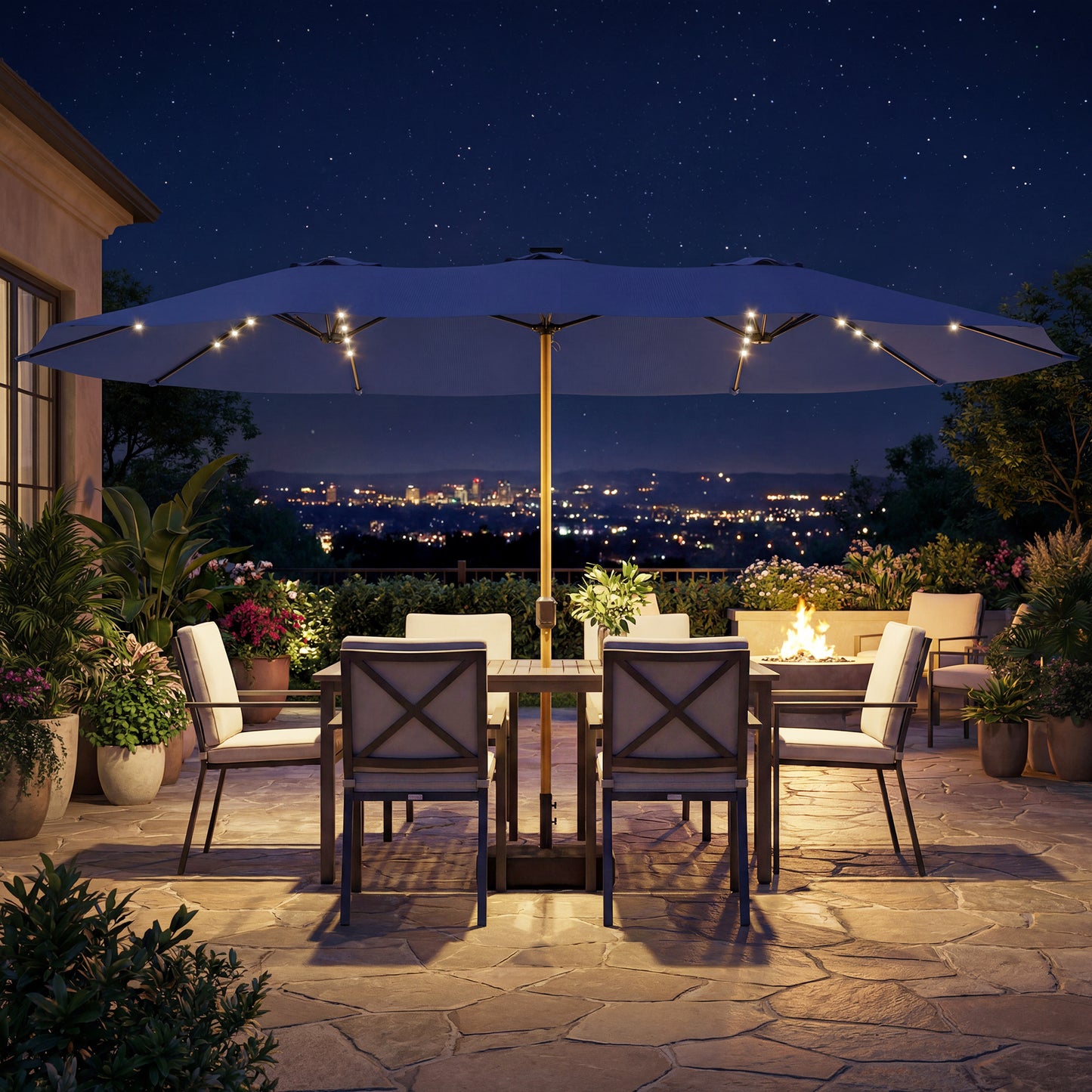 Outsunny Double Sided Garden Parasol With Base Included 48 Solar LED Lights Patio Umbrella Crank Handle 4.6m Dark Blue