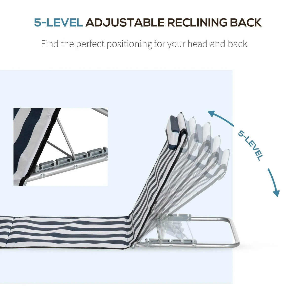 Adjustable reclining beach chair with navy and white striped seat, side metal legs