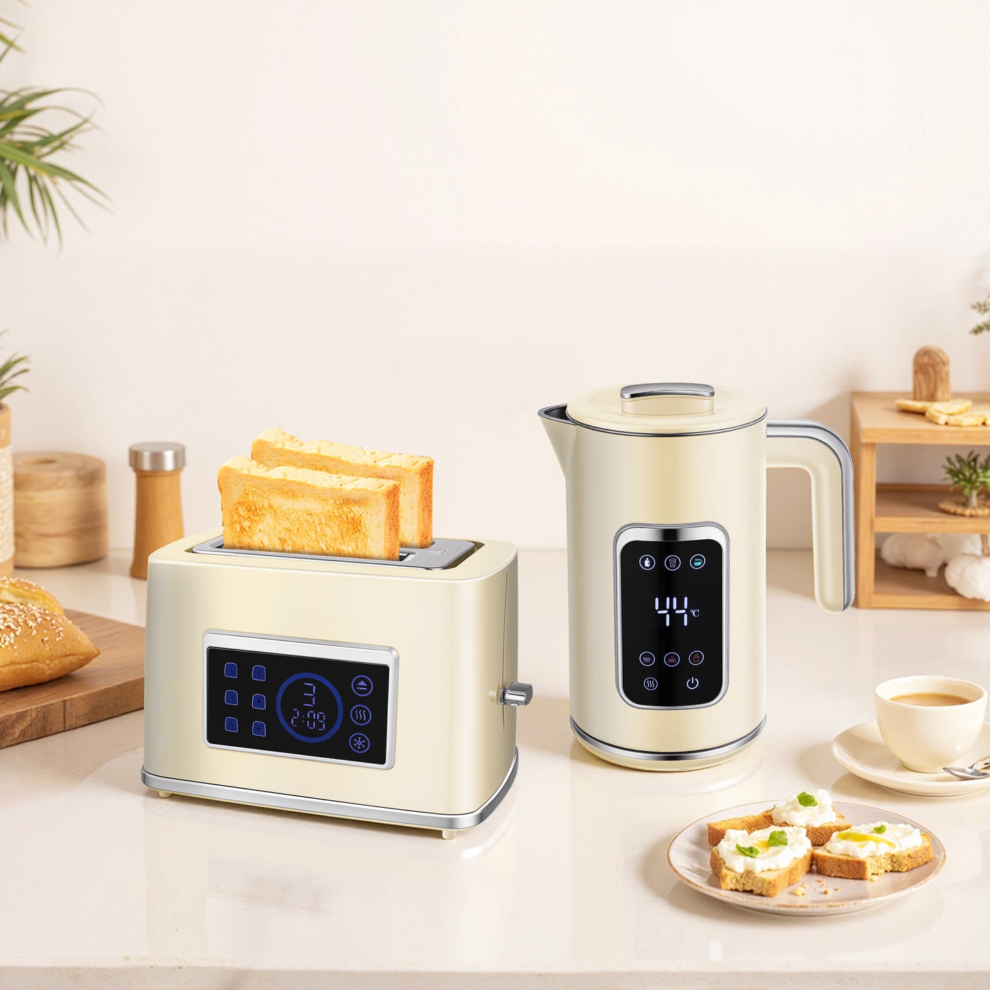 HOMCOM Touch Screen Kettle And Toaster Set Cream With 3000W Power 1.7L Capacity Six Temperature Presets And Keep Warm