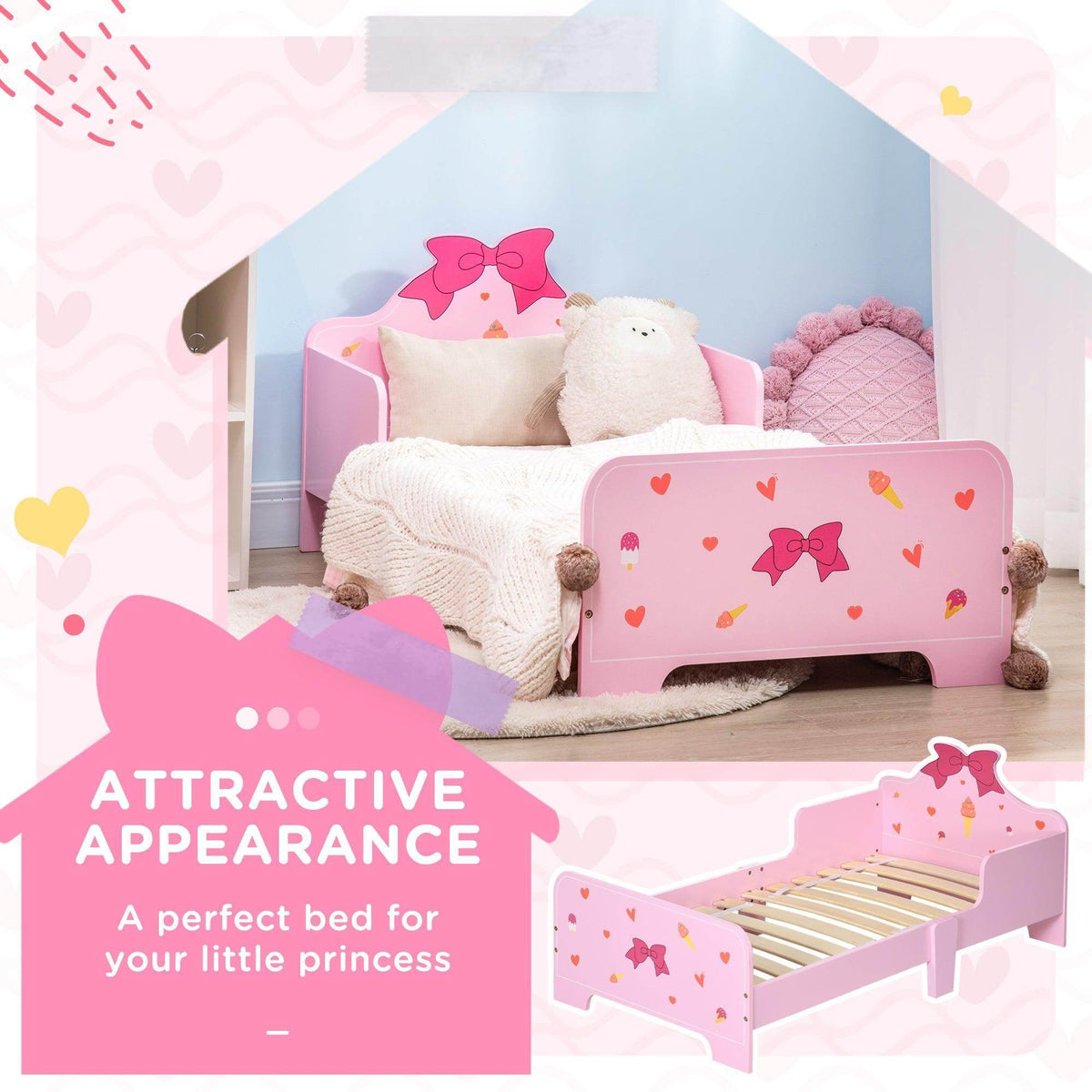 Pink toddler bed with heart and bow pattern, padded mattress and pillows