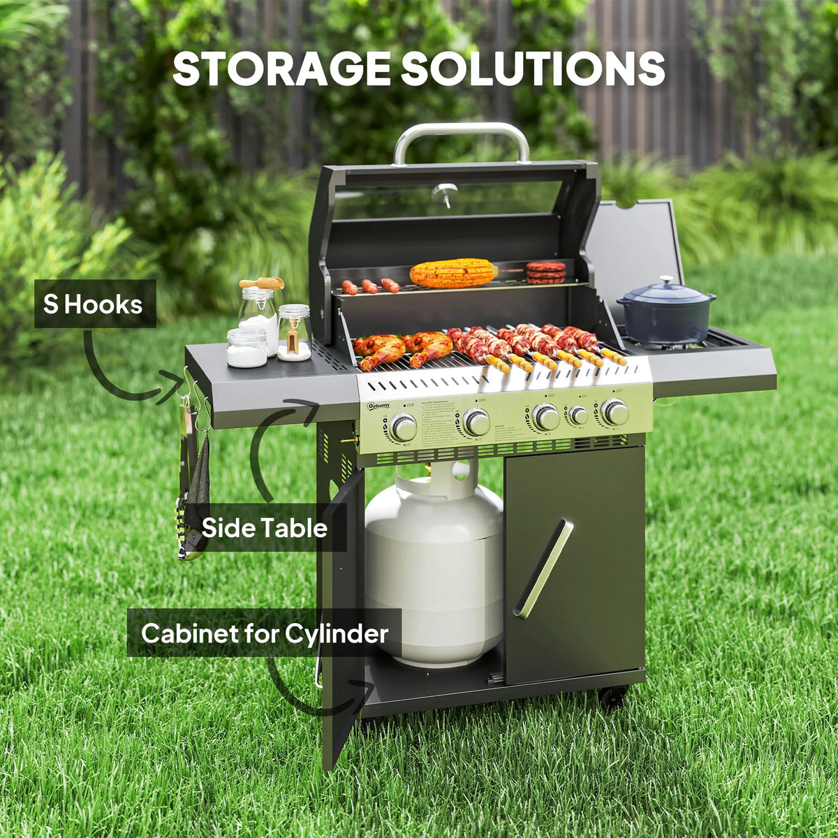 Gas BBQ grill with storage cabinet for cylinder, side table, hooks, and cooking area visible