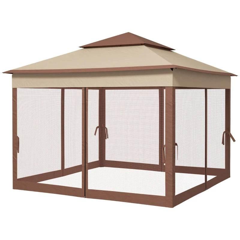 Gazebo canopy with double roof, zippered mesh side panels, brown metal frame.