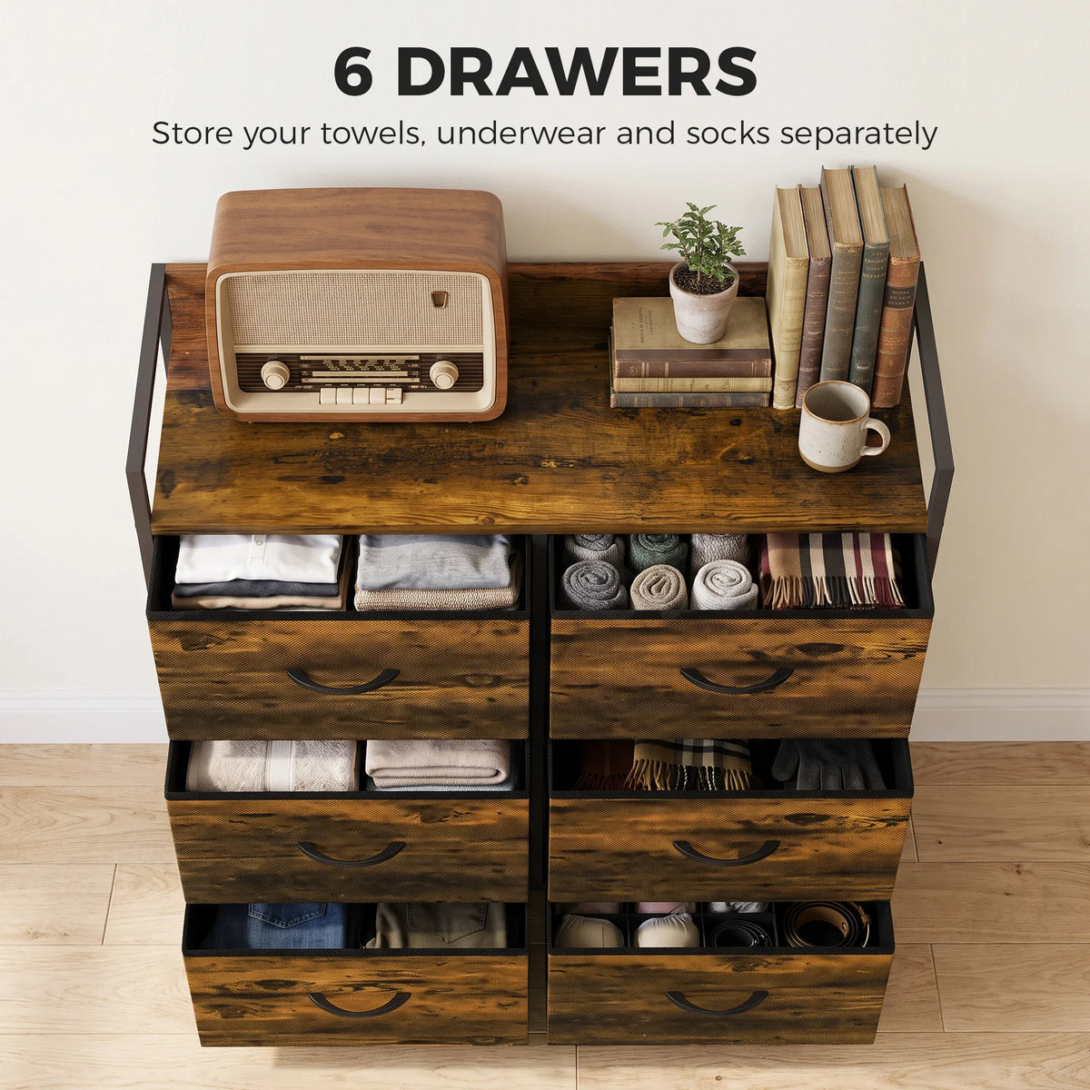 Six-drawer fabric dresser with rustic brown woodgrain panels and pull handles, open storage top