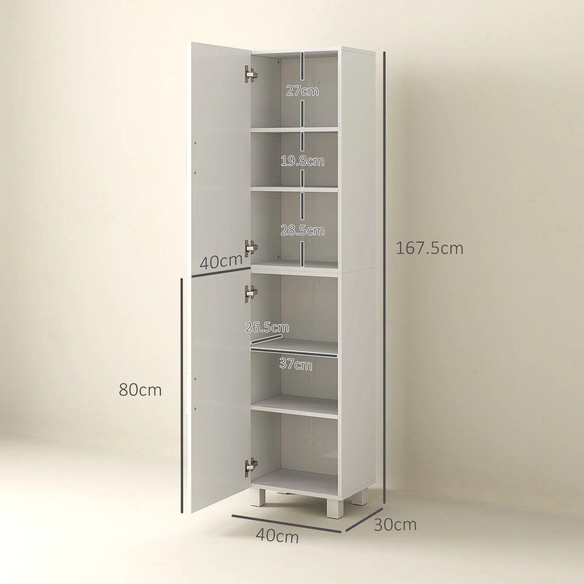 Freestanding white cabinet with open double doors and adjustable shelves, tall storage unit