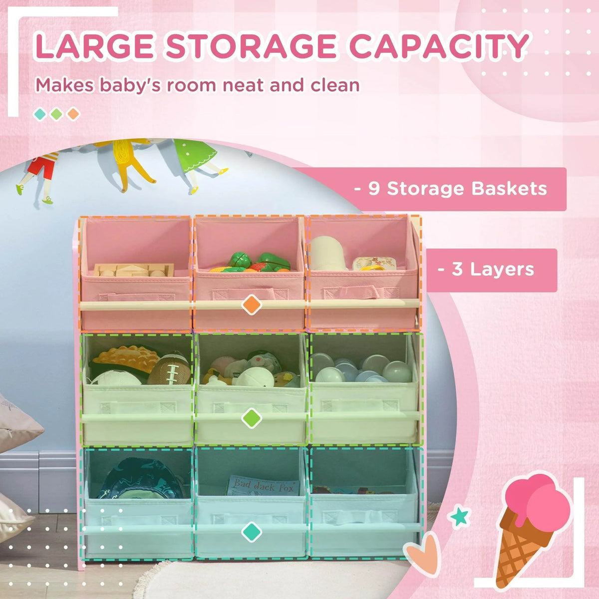 Pink storage organizer unit with nine removable bins and three-tier open shelving