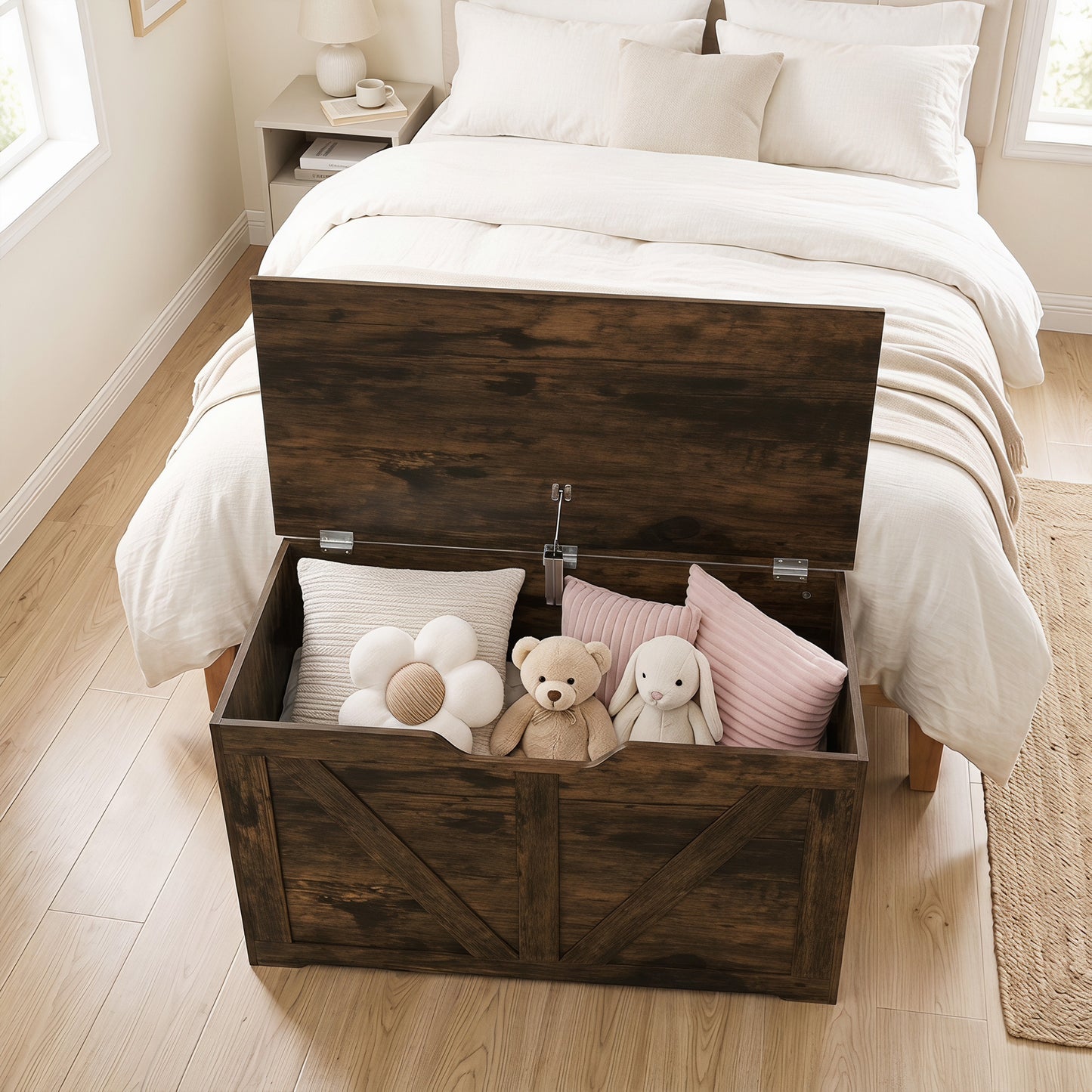 HOMCOM 100L Storage Box With Safety Hinge Rustic Brown Wood Effect Bench Trunk For Home Organization