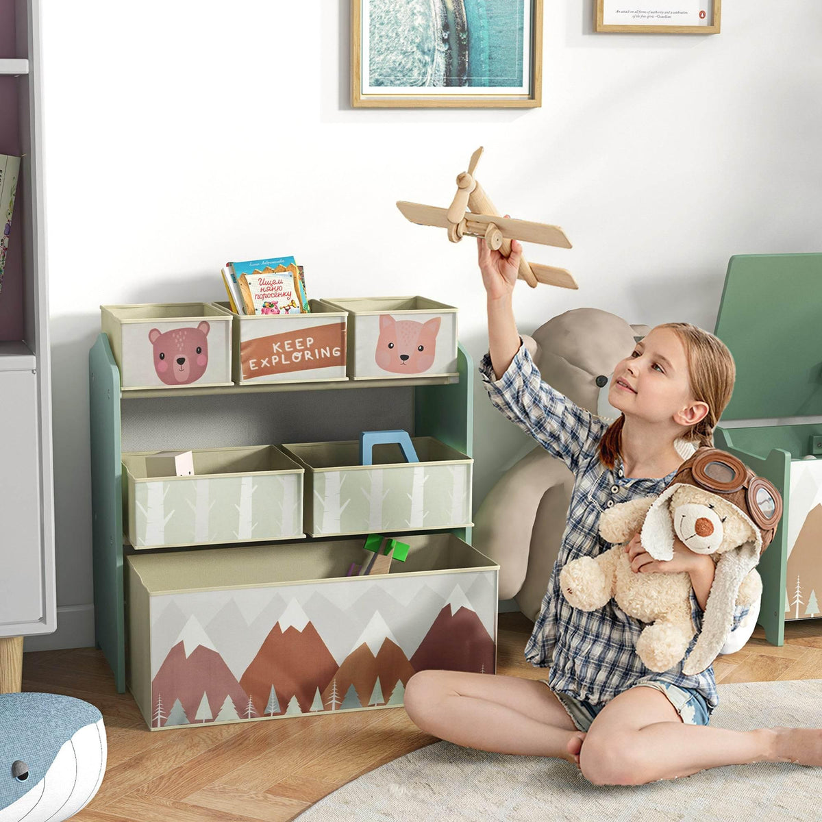 Kids green storage unit with 6 fabric bins and cute animal face panels