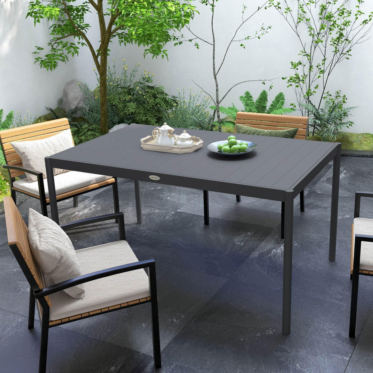 Dark gray rectangular outdoor dining table with slat top and four legs