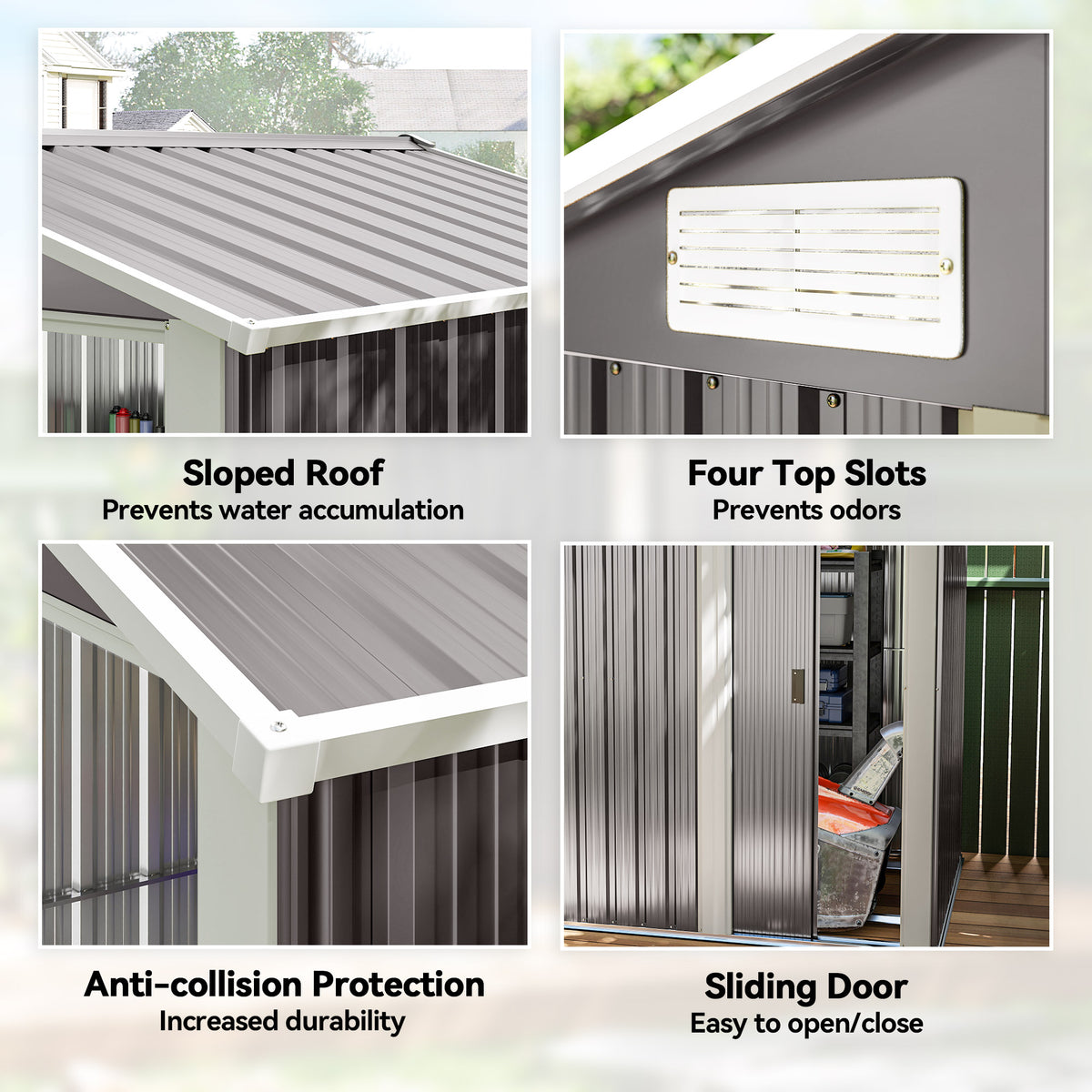 Grey metal shed features: sloped roof, sliding door, and anti-collision protection