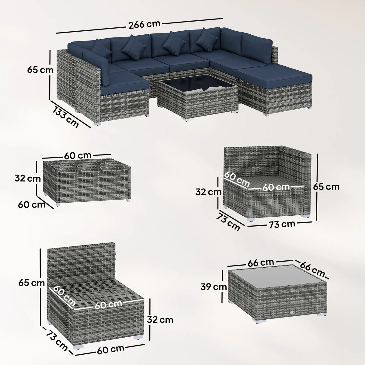 Modular corner sofa set layout with dark blue seat cushions and grey wicker