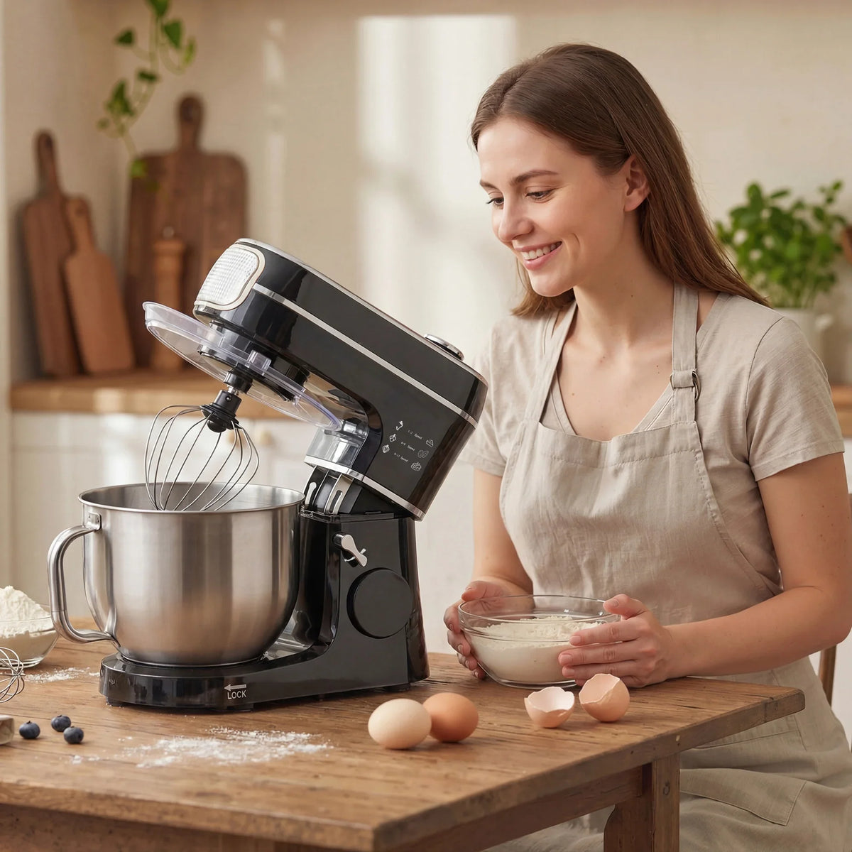 Black tilt-head stand mixer with stainless steel bowl and whisk beater in use