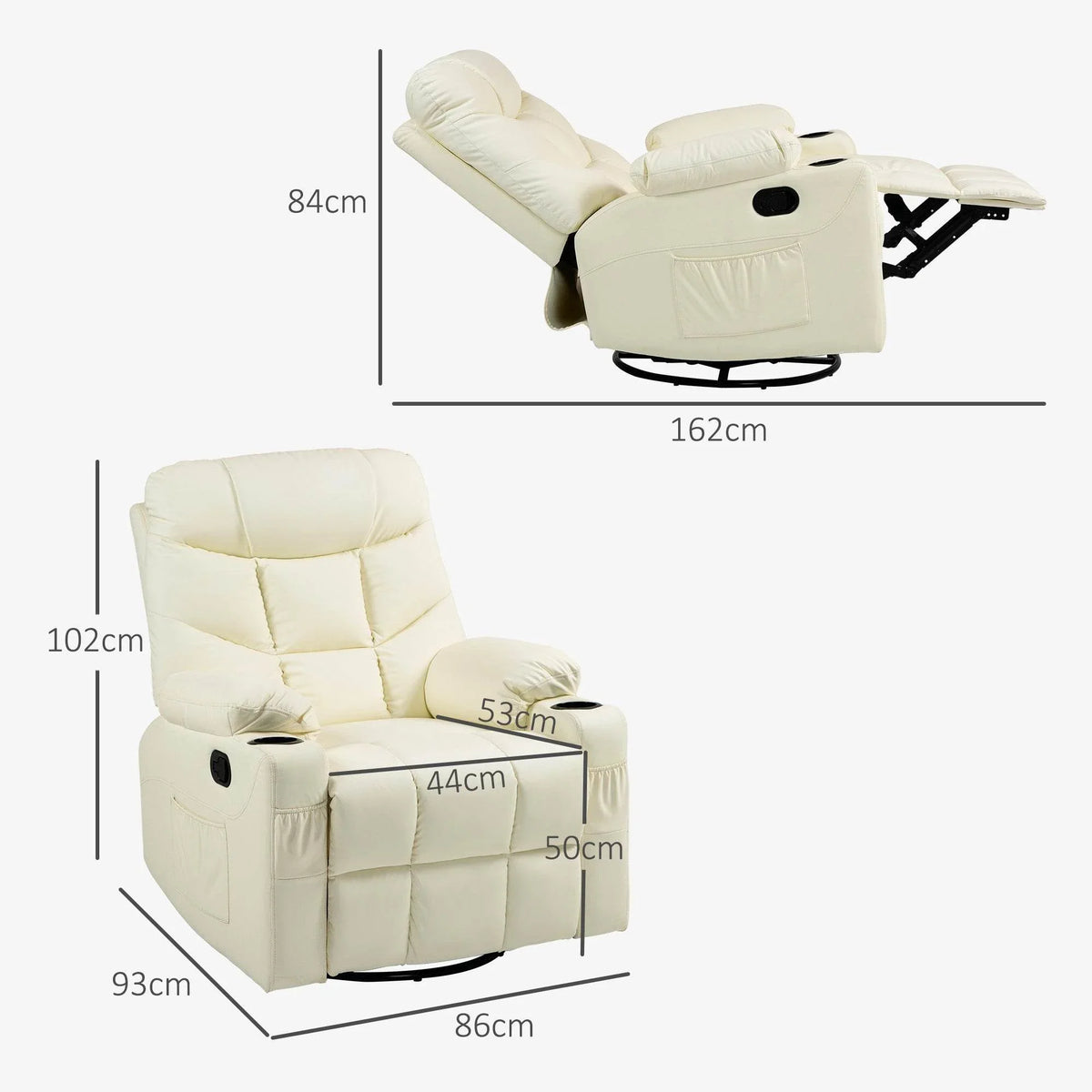 Cream faux leather recliner chair side view with raised footrest