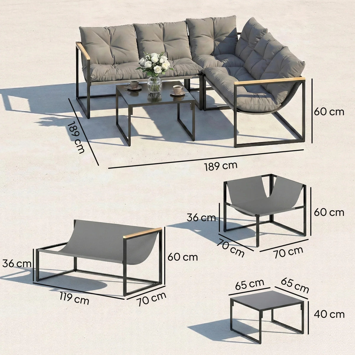 Grey outdoor corner sofa set with black coffee table, thick cushions configuration