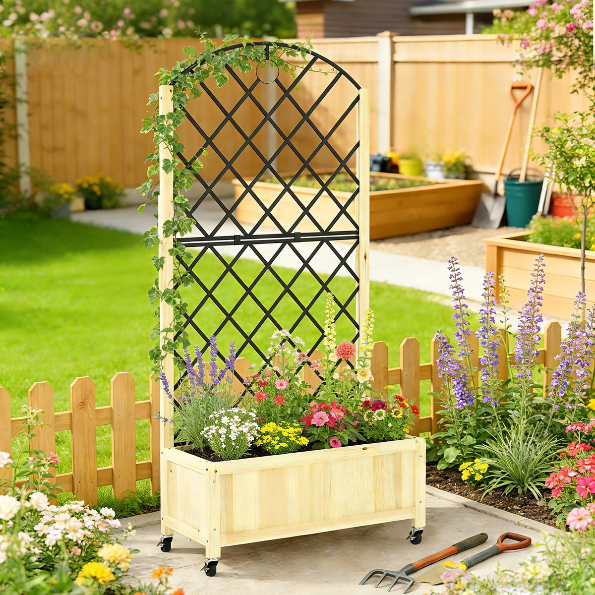 Natural wooden raised planter with black metal lattice trellis and lockable wheels