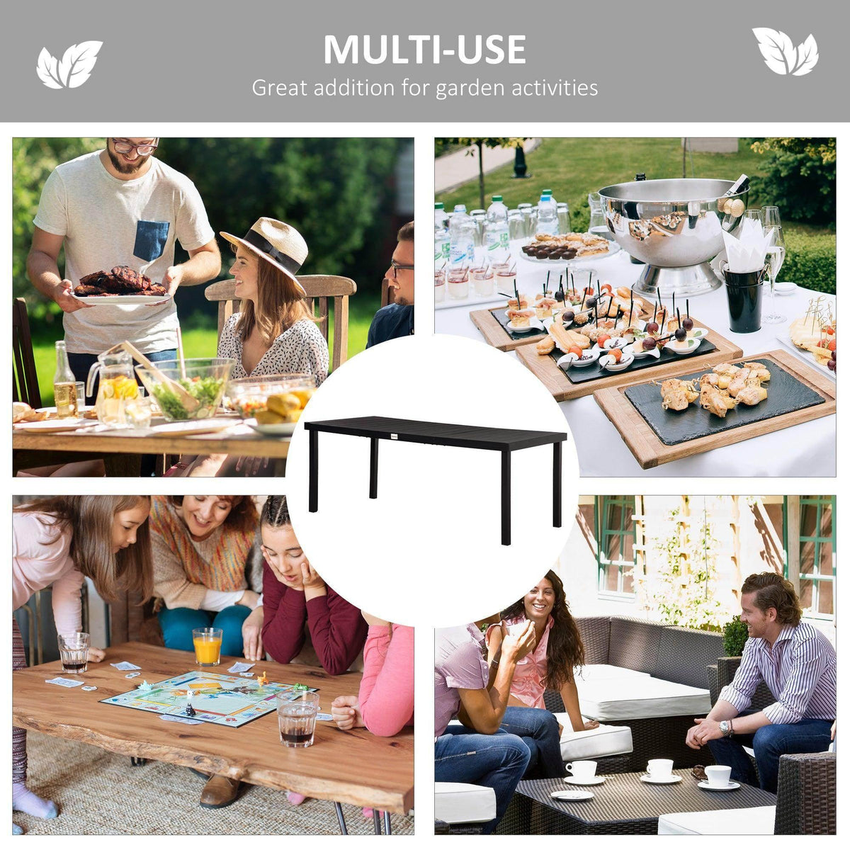 Black outdoor dining table for multi-use gatherings, central view on patio.