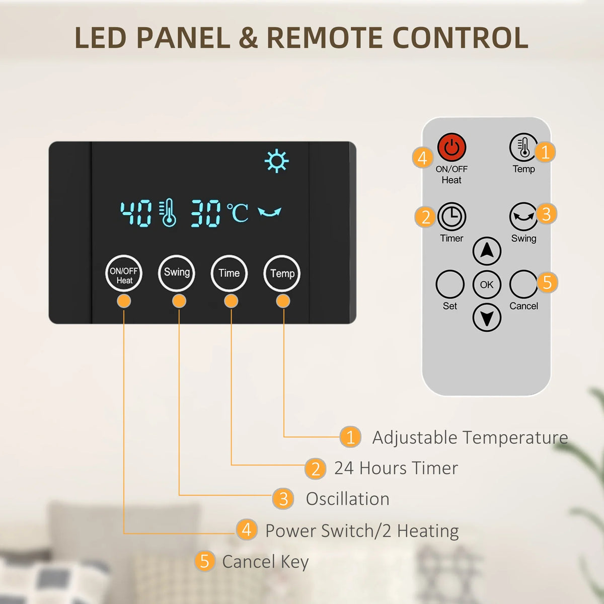 Wall heater with LED control panel and matching remote control