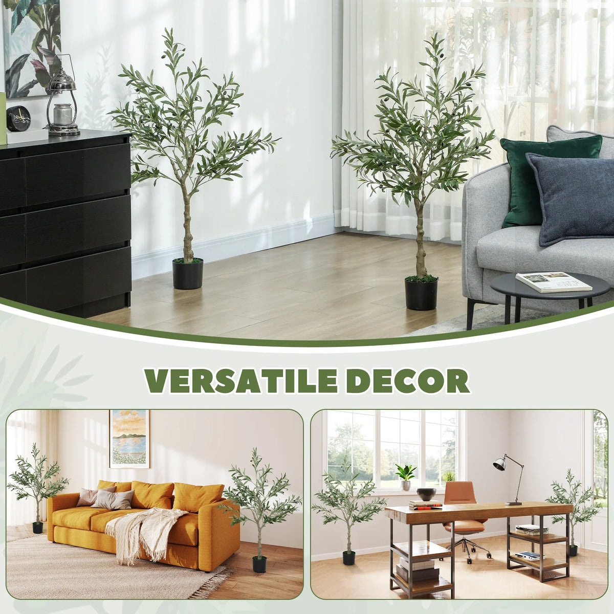 Two artificial olive trees with realistic faux leaves in black pots for home decor