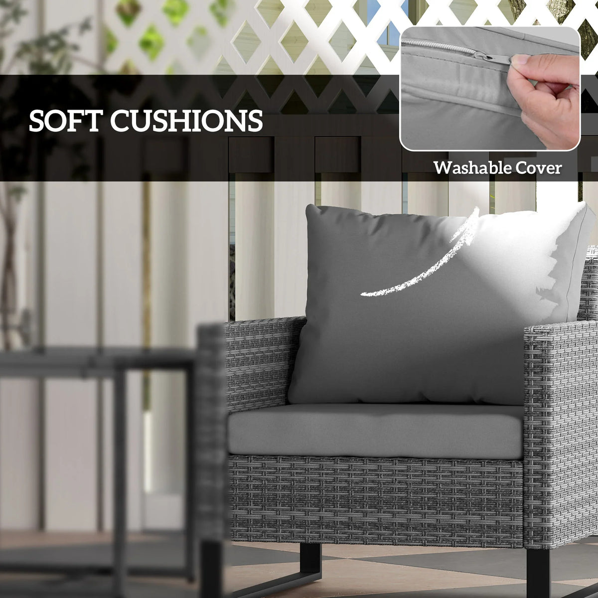 Grey outdoor chair cushion with soft fill and smooth washable cover