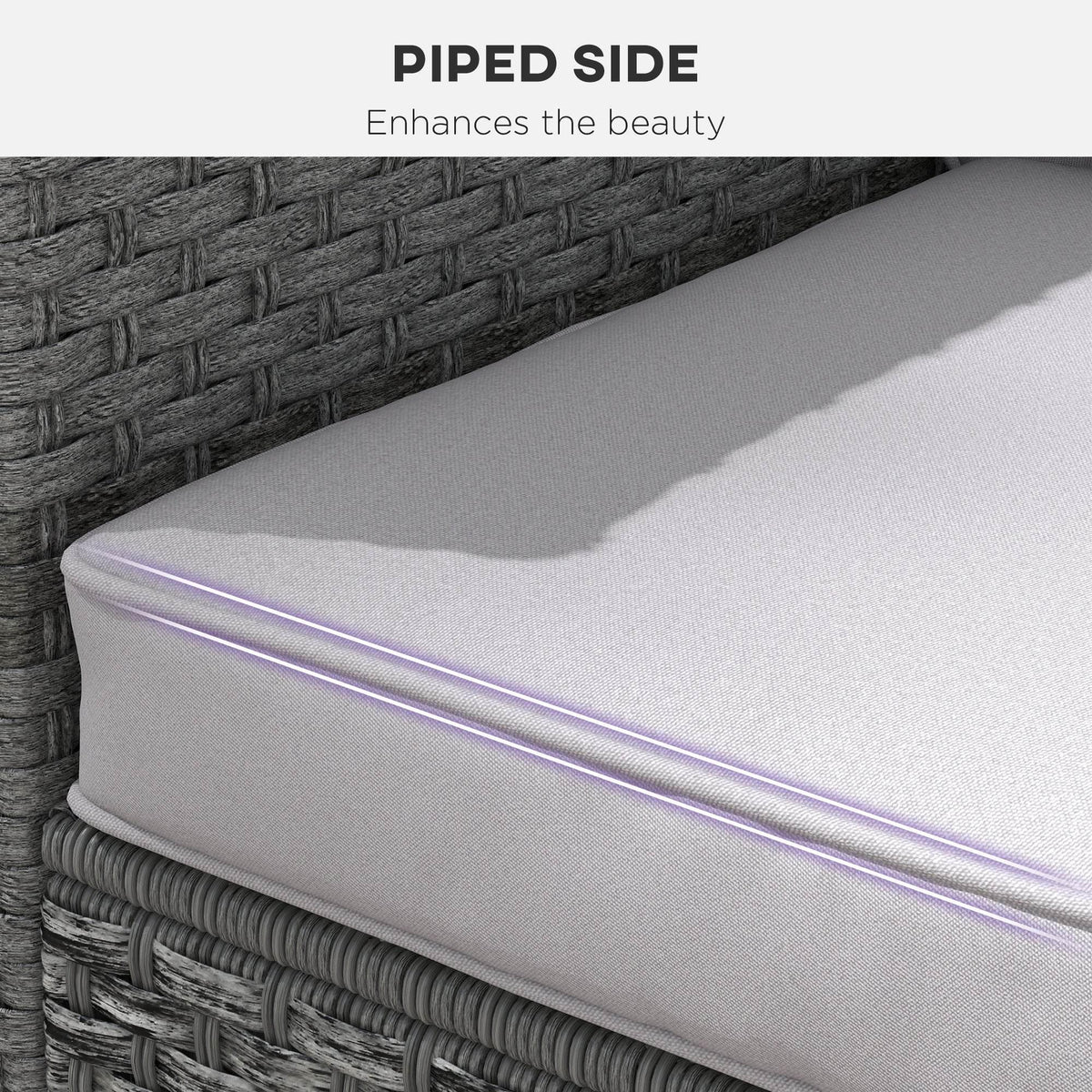 Light grey seat cushion with stitched piping along the edge