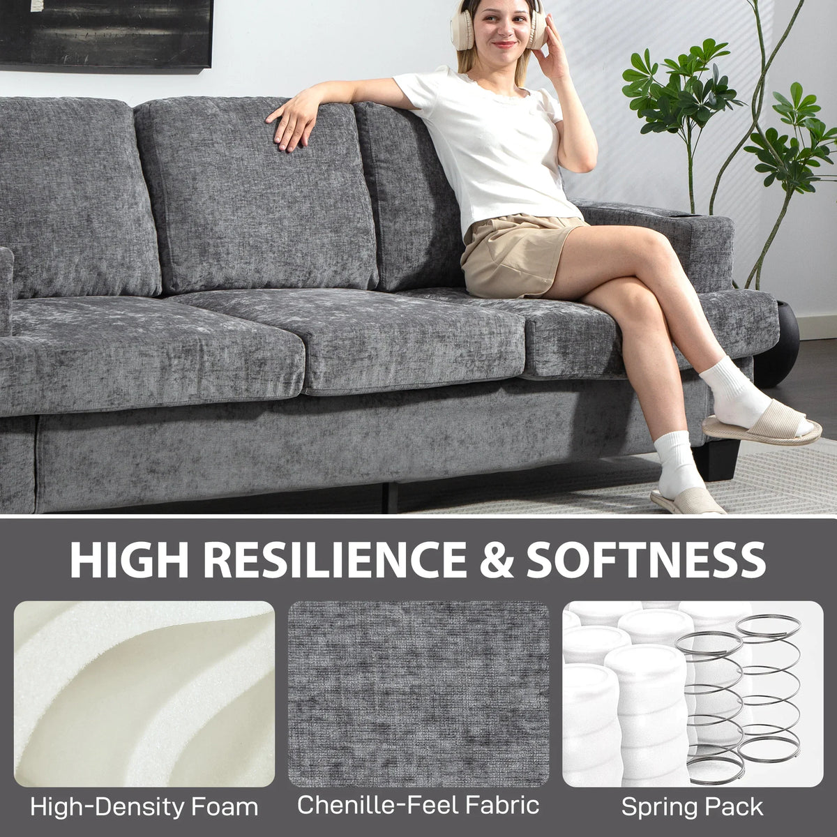 Grey three-seat sofa with plush chenille-feel fabric and supportive cushions