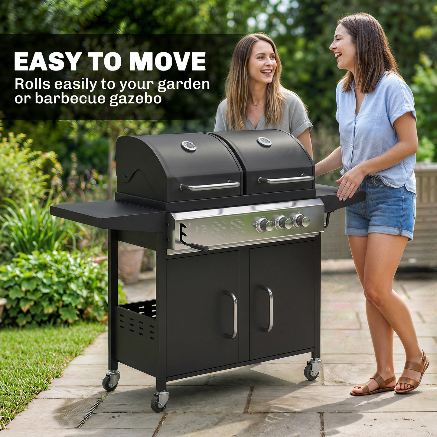 Outsunny Dual Fuel BBQ Grill 2 In 1 Gas Grill And Charcoal Smoker Hybrid With Wheels