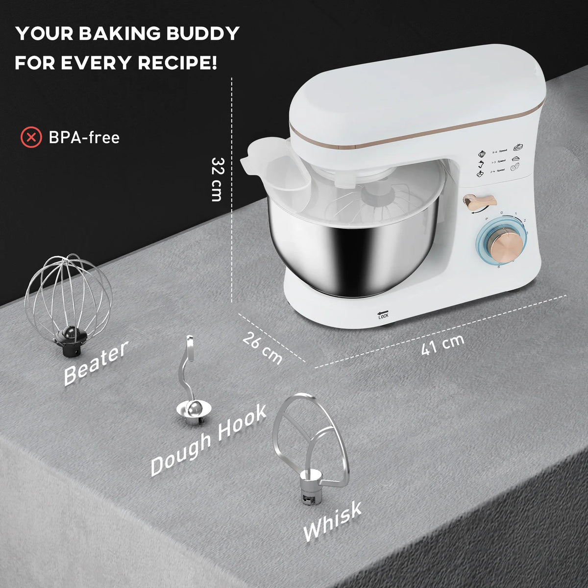 White stand mixer with stainless bowl and attachments: whisk, dough hook, and beater.