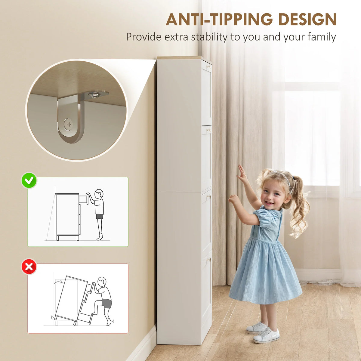 White shoe storage cabinet with anti-tipping design and wall-anchoring strap