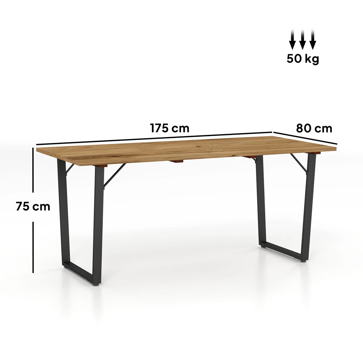 Brown wooden dining table, slatted tabletop with parasol hole, black legs, 175x80 cm