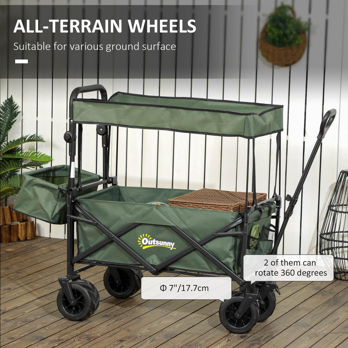 Green folding beach trolley cart with canopy and all-terrain style four wheels