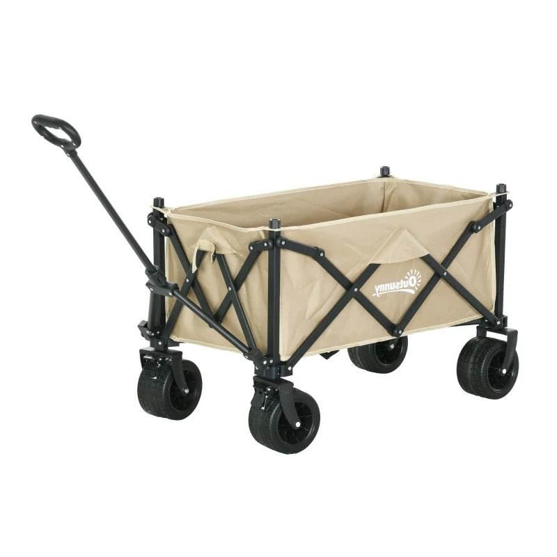Khaki folding wagon cart with black frame, raised handle, and four rugged wheels