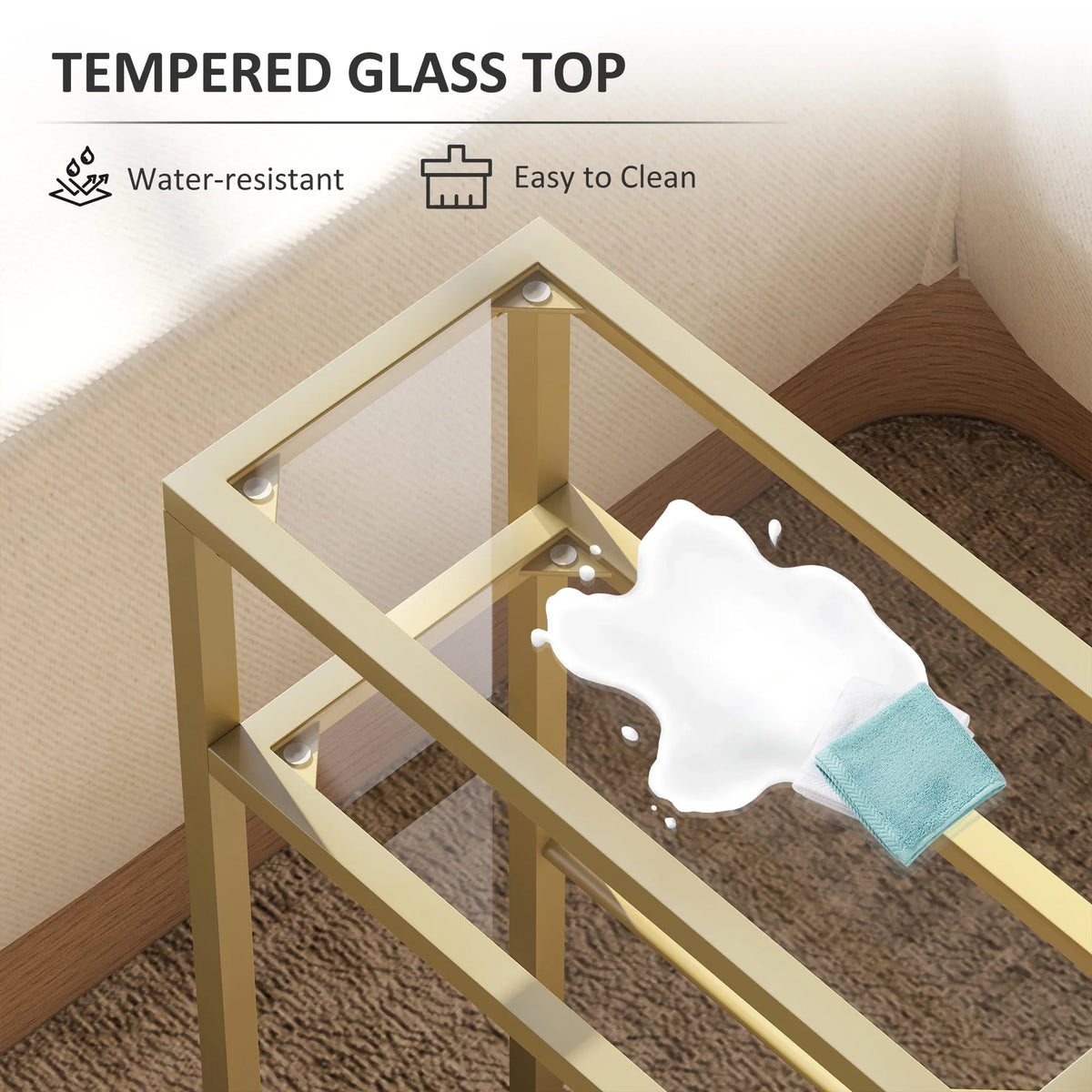Gold metal side table with tempered glass top and three-tier open storage frame