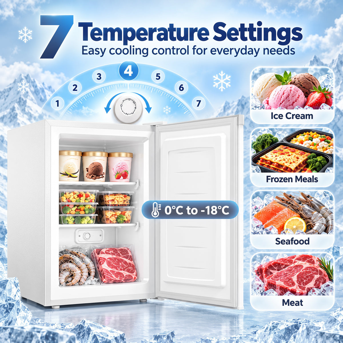 White countertop mini upright freezer with open door and visible temperature dial
