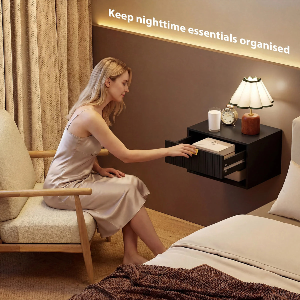 Black wall-mounted bedside nightstand with fluted drawer front and open shelf