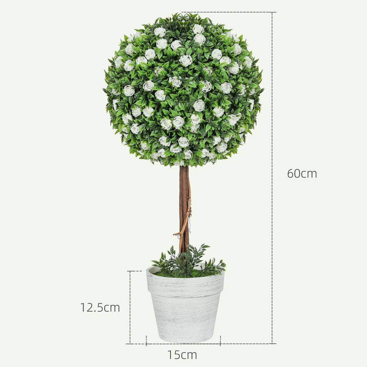 Artificial rose topiary ball tree with green leaves and white textured pot, 60cm