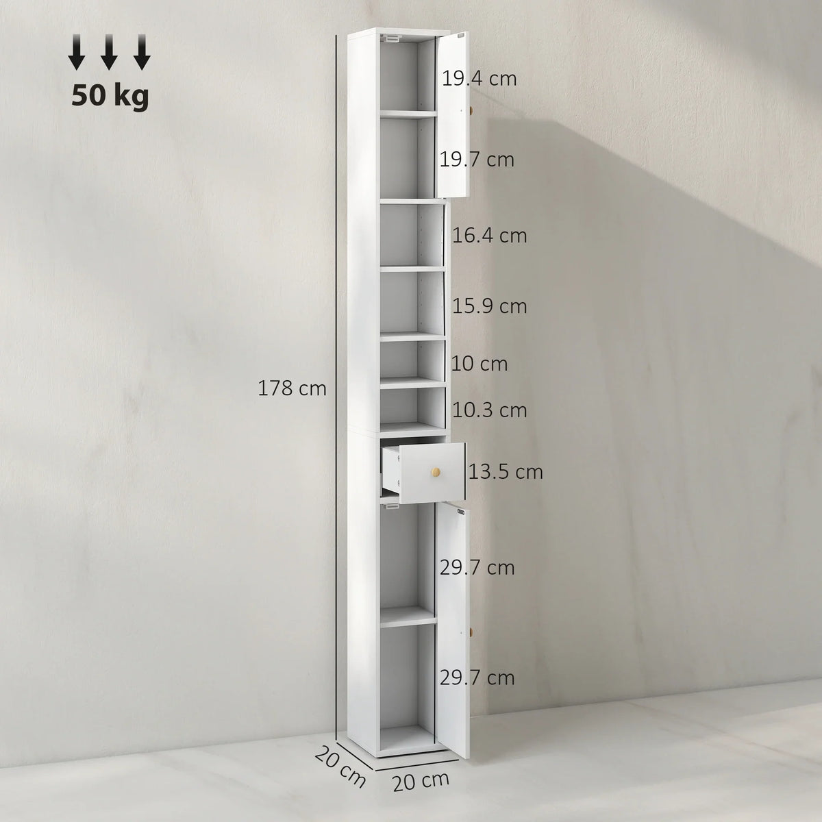 White tall narrow bathroom cabinet with open door and multiple built-in shelves