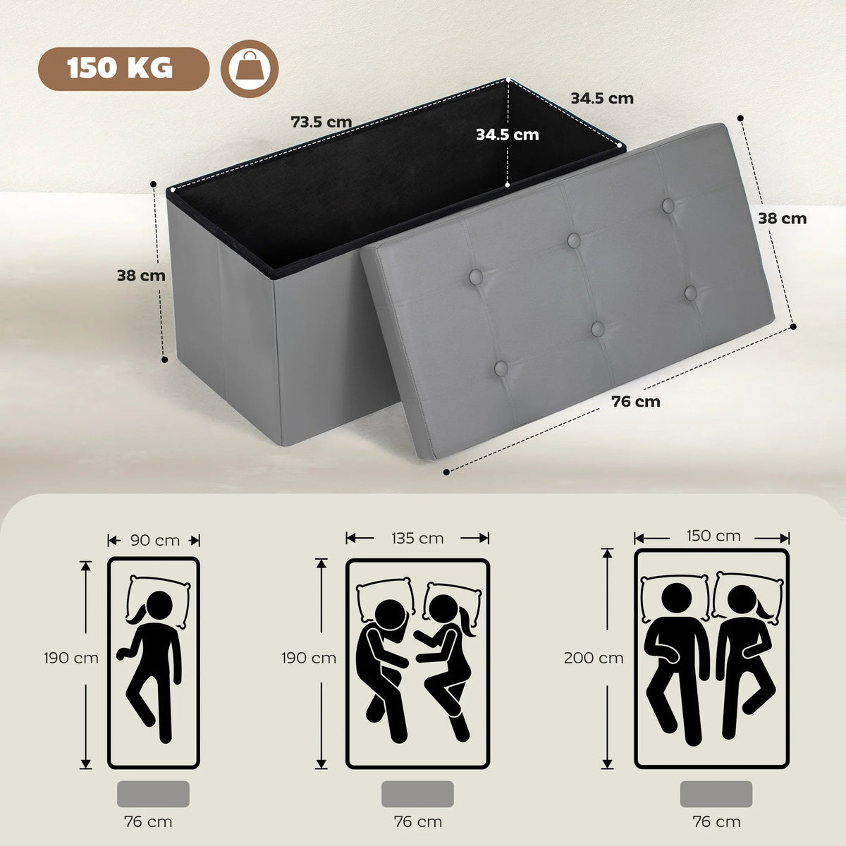 Grey folding storage ottoman bench with tufted sides, open lid showing empty interior