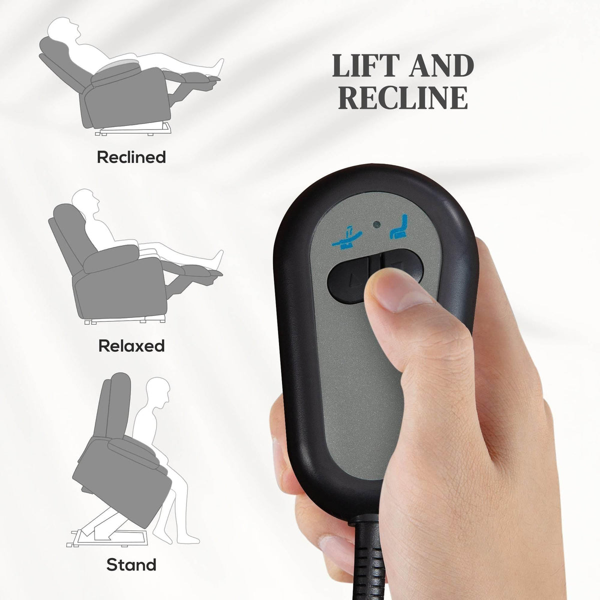 Gray fabric lift recliner shown with remote control icons for lift and recline.