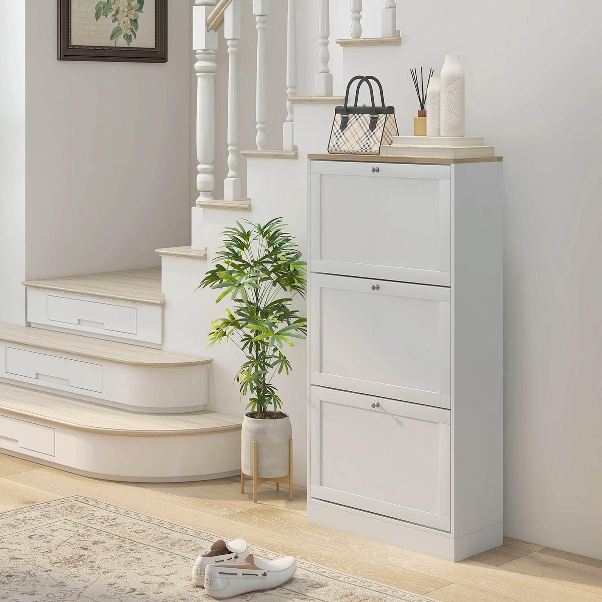 White shoe cabinet with three flip drawers and slim entryway storage
