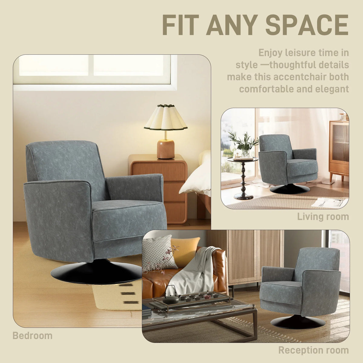 Grey upholstered swivel accent chair with thick padding and round black swivel base