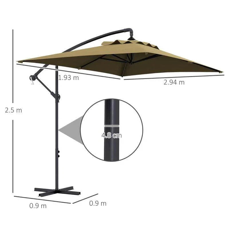 Cantilever patio parasol with tan canopy, black pole, and crank handle