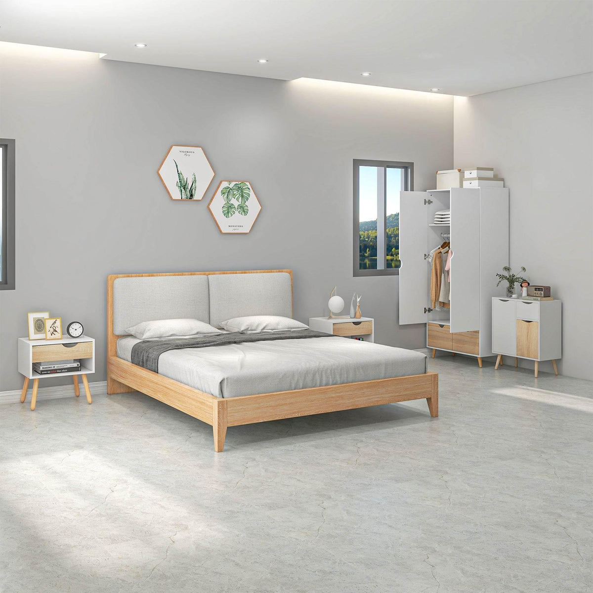 Wood bed frame with light upholstered headboard and platform base, styled with bedding