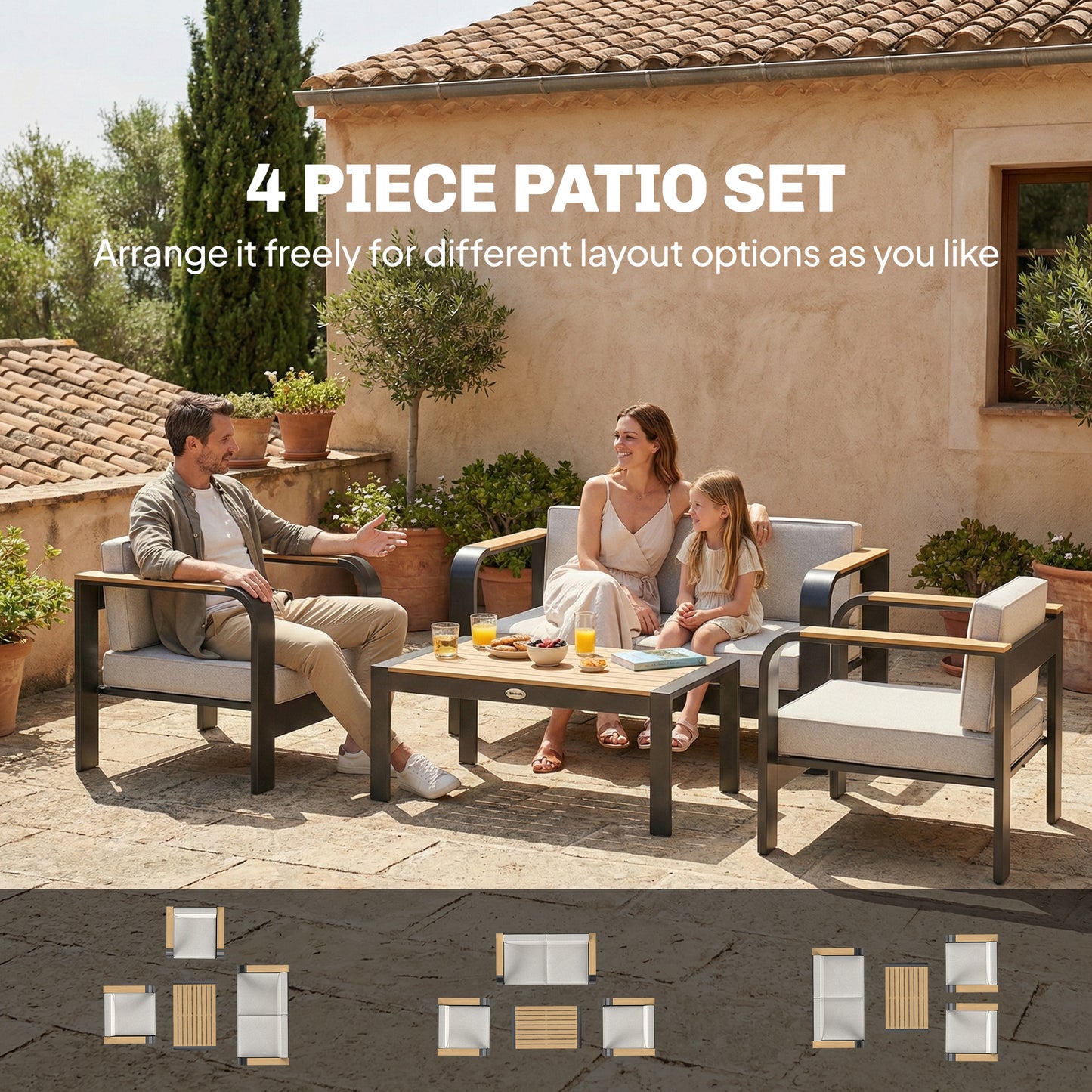 Outsunny 4 Seater Aluminium Garden Furniture Set With Olefin Cushions Beige Sofa Table Loveseat Armchairs