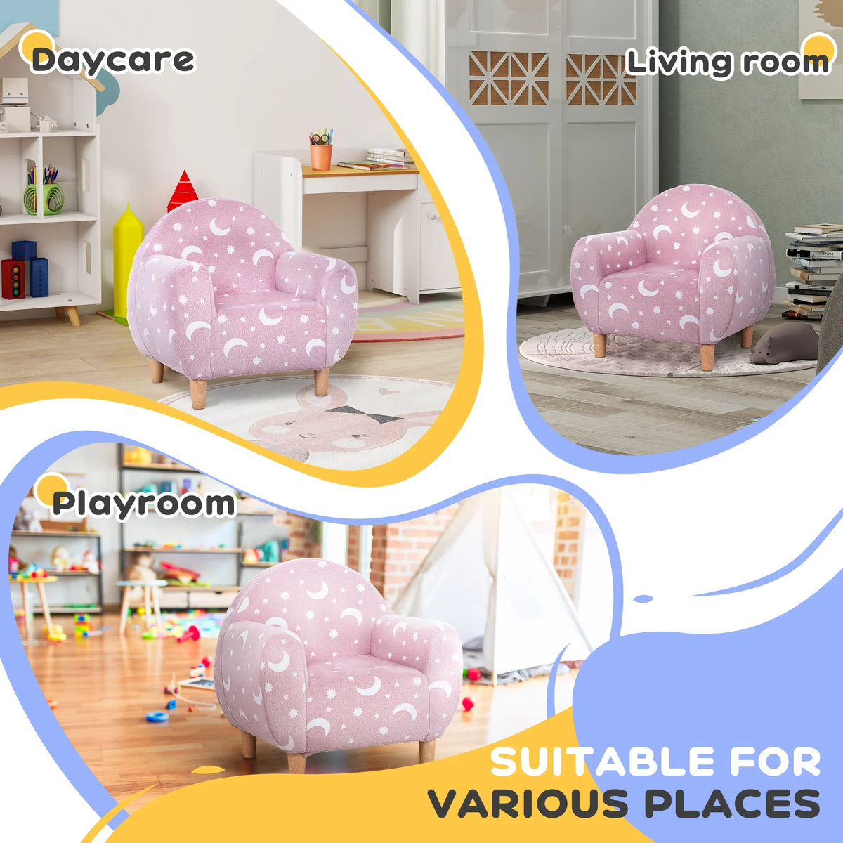 Pink kids armchair with star and moon print shown in bedroom, living room, and playroom