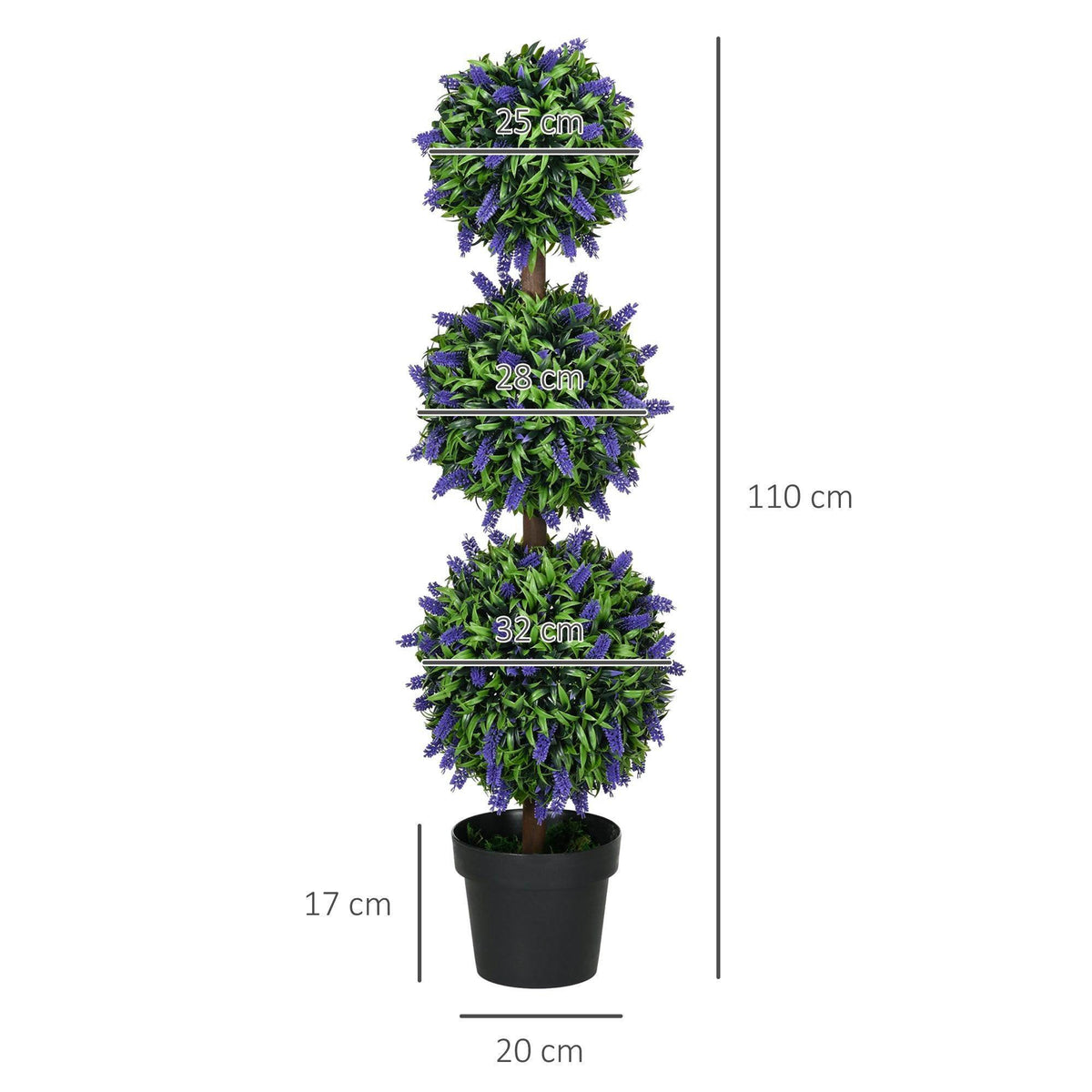 Single 110 cm artificial ball tree plant with purple flowers in a black pot, size view